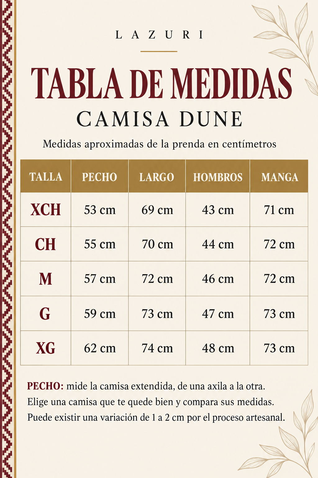 Tabla de medidas de la Camisa Dune