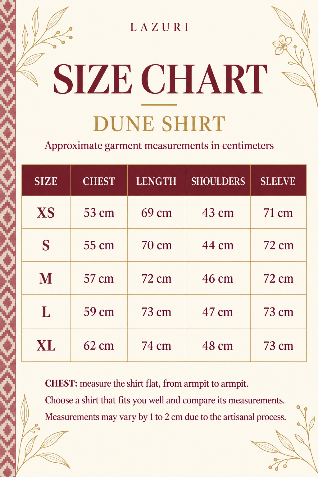 Dune Shirt size chart